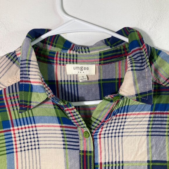 Womens Umgee Plaid Lagenlook Tunic Top Green Blue S Long Sleeve Tie Waist Asymme - Picture 4 of 9